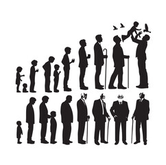 Human in different ages. Silhouette profile of male and female person growth stages, people generations from baby to old vector illustration set. Man and woman characters in aging process