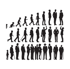 Human in different ages. Silhouette profile of male and female person growth stages, people generations from baby to old vector illustration set. Man and woman characters in aging process