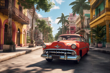 Red classic car on a sunny day in a tropical city
