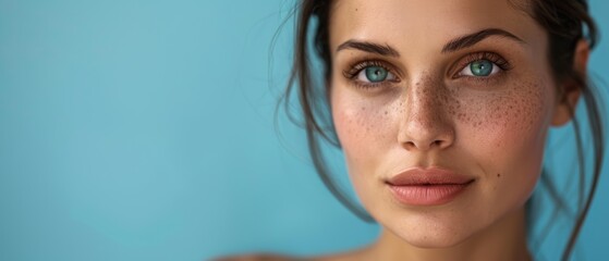 Naklejka premium Smiling Woman with Freckles and Blue Eyes, Turquoise Background, Copy Space