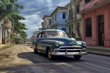 Vintage car driving down a street in a tropical city
