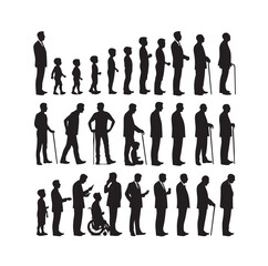 Human in different ages. Silhouette profile of male and female person growth stages, people generations from baby to old vector illustration set. Man and woman characters in aging process