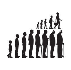Human in different ages. Silhouette profile of male and female person growth stages, people generations from baby to old vector illustration set. Man and woman characters in aging process