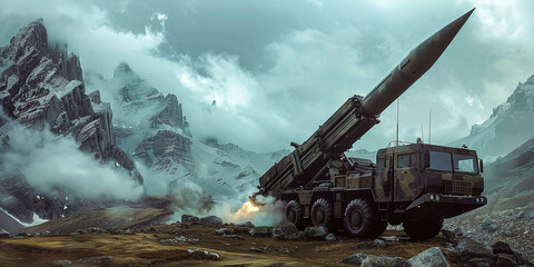 Fototapeta premium A military vehicle is positioned in a mountainous area and is preparing for a potential launch, with a large missile pointed at the sky. The scene takes place amidst a cloudy and foggy landscape