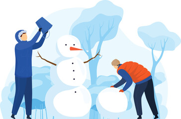 Two adults dressed warmly building snowman snowy forest, one holding hat. Snowcovered trees create serene winter background. One person seems be sculpting snowball base. Winter activity friendly