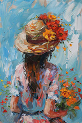 Fototapeta premium A textured oil painting of a woman seen from behind, adorned with a vibrant floral bouquet and sun hat