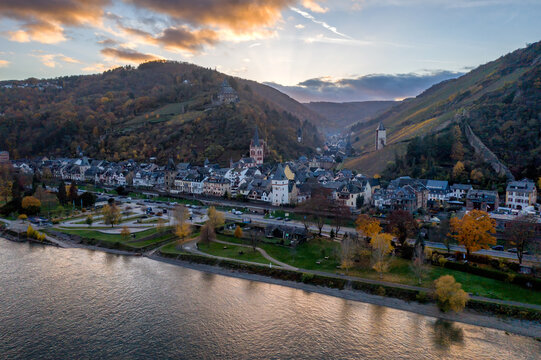 Autumn sunset over Bacharach village and Rhine river, Germany