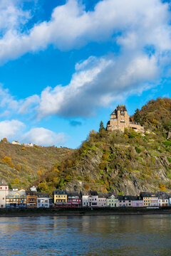 Idyllic view of Katz Castle and Bacharach village along the Rhine