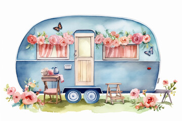 Watercolor illustration of a blue camper van decorated with pink flowers