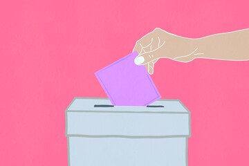 Illustration of a hand casting a vote in a ballot box