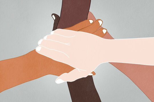 Illustration of diverse hands coming together in unity