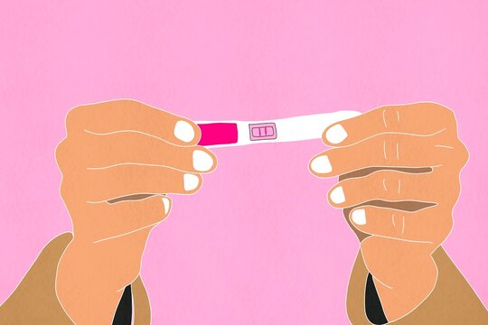 Illustration of hands holding a positive pregnancy test