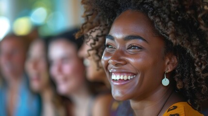 Close up picture of a happy and laughing staff or participant people group listening 