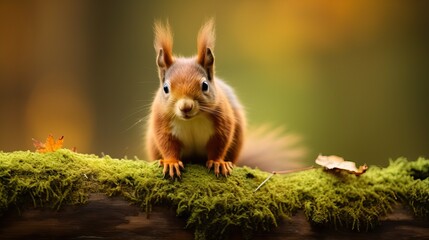 Adorable Red Squirrel on Moss-Covered Log in Autumn Forest