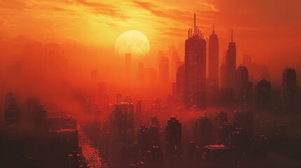 Hot red glowing sun in sky over a large city in summer