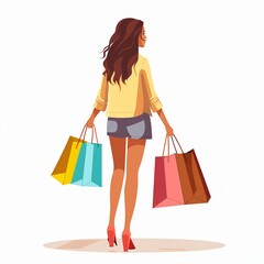 Flat vector illustration of beautiful woman shopping with shopping bag