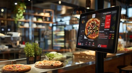 A digital menu display shows a delicious pizza in a restaurant setting. The menu board is...