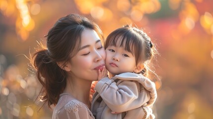 Obraz premium Korean woman kiss her children, beautiful face, photo 