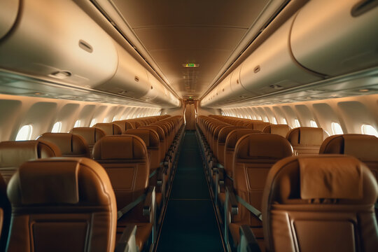 Empty airplane cabin seats with brown upholstery and overhead compartments