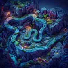 Obraz premium Illuminated winding pathway through rocky terrain at dusk in a mystical landscape with vibrant colors