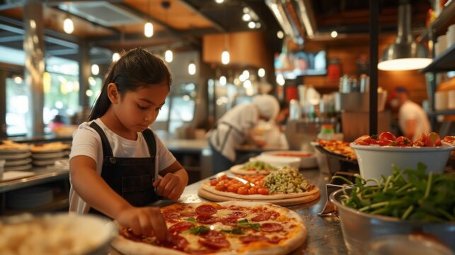 A young girl is making a pizza in a restaurant, focusing on adding toppings. The restaurant has a warm, casual atmosphere.