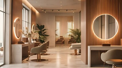 Modern beauty salon interior with mirrors and plants