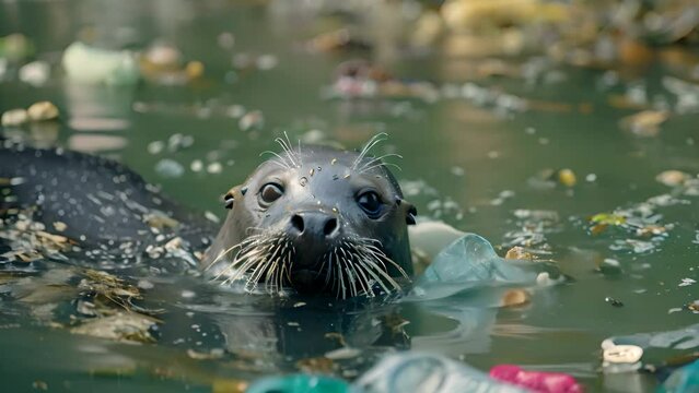 Seal swimming in polluted water among trash