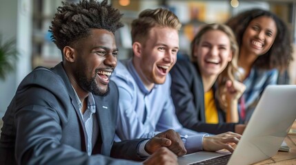 Cheerful business colleagues watching a presentation on a laptop