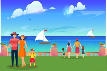 A group of happy young couples with their children are spending time together at the beach point. Vector illustration.	