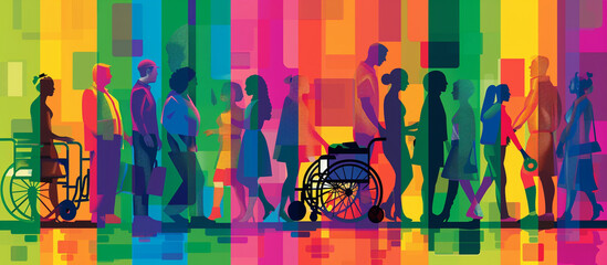 Illustration of Diverse People Including Men, Women, and Person in Wheelchair - Concept of Diversity and Inclusion