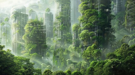 environmental awareness city with forest concept of metropolis covered with green plants. Civil...