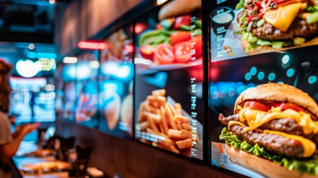 A close-up shot of several digital menu displays showcasing various fast food items, including burgers, fries, and other sides, in a brightly lit restaurant setting.