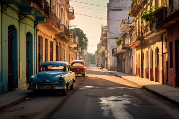 Naklejka premium Classic cars parked on a narrow street in havana, cuba during golden hour