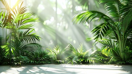 Fototapeta premium Green palm with reeded glass. Fashion sale banner. Stylish design with tropical leaves. Blank space for your offer. White Ribbed Background.