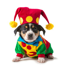 Cute puppy dog dressed as a Jester clown isolated on a white background