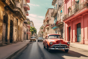 Naklejka premium Classic car driving down a street in havana, cuba