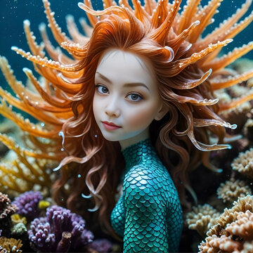 Retrato de una sirena entre corales en el mar.