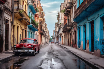 Obraz premium Classic car driving through narrow street in havana, cuba