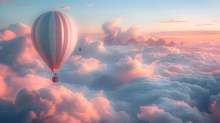 Obraz premium Image of the hot air balloon gracefully flying over fluffy clouds. Delicate pastel tones. 
