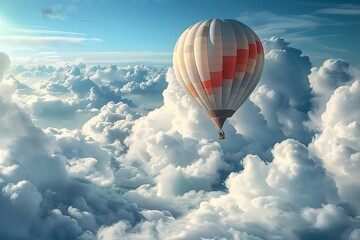 Fototapeta premium Image of the hot air balloon gracefully flying over fluffy clouds. Delicate pastel tones. 
