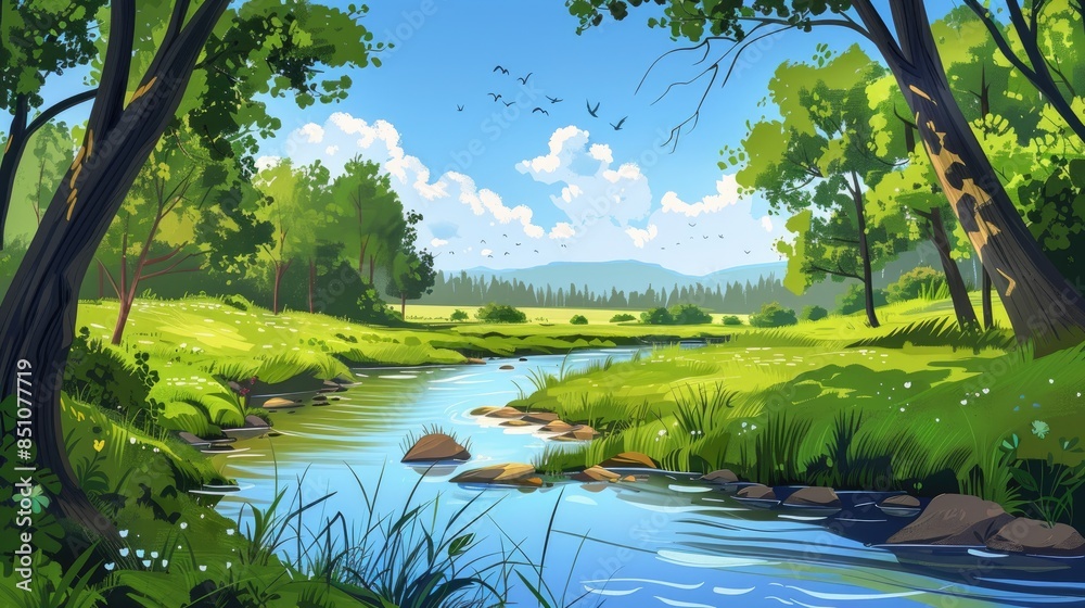 Wall mural scenic summer landscape with river woods and clear sky - Wall murals