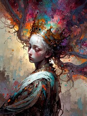 Overexposure Photorealistic high angle half body shot of a full body dystopian king,