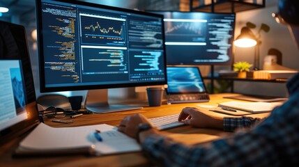 A focused software developer codes on a dual monitor setup in a modern office environment with a minimalist aesthetic. AIG41