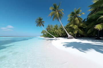 Tranquil tropical beach scene with palm trees and clear blue water