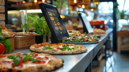 A close-up shot of a freshly baked pizza displayed in a restaurant. The pizza is topped with cheese, sauce, and basil. There are other pizzas and salads in the background.