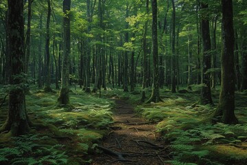 Obraz premium Serene Pathway Through Lush Aokigahara Forest during Daytime