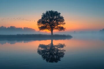 Fototapeta premium Solitary Tree at Sunrise Reflecting in Calm River with Mist
