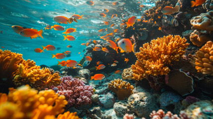 Obraz premium Vibrant Underwater Scene with Colorful Fish and Coral Celebrating World Ocean Day