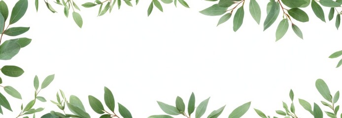 Simple and elegant green eucalyptus leaves frame wide panorama banner, for wedding invitations, cards and natural design