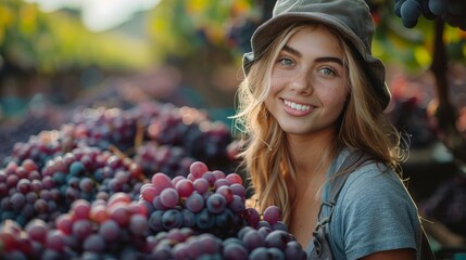 Young Woman Harvesting Grapes in Vineyard During Harvest Season